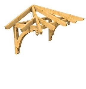 3D Ansicht Holzvordach Odenwald Typ1 22° Kopfband gebogen mit Zierzapfen