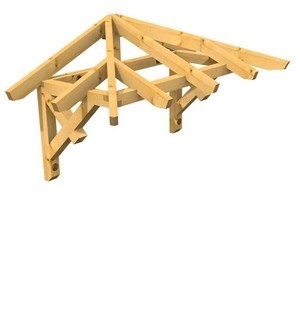 3D Ansicht Holzvordach Odenwald Typ1 22° Kopfband mit Zierstrebe