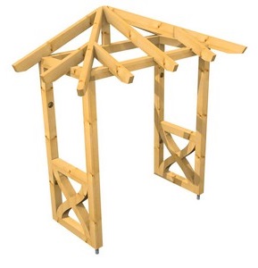 3D Ansicht Holzvordach Odenwald Typ1 22° Seitenwand gerade mit geschweiften Andreaskreuz