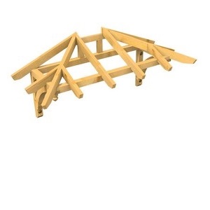 3D Ansicht Holzvordach Odenwald Typ2 22° Kopfband gebogen mit Zierzapfen