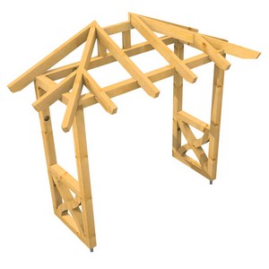 3D Ansicht Holzvordach Odenwald Typ2 22° Seitenwand gerade mit geschweiften Andreaskreuz