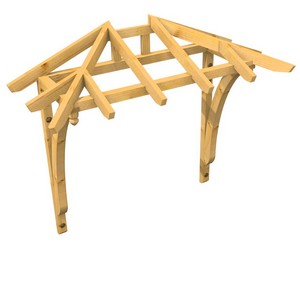 3D Ansicht Holzvordach Odenwald Typ2 22° Strebe gebogen mit Zierzapfen