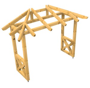 3D Ansicht Holzvordach Odenwald Typ3 22° Seitenwand gerade mit geschweiften Andreaskreuz