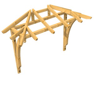 3D Ansicht Holzvordach Odenwald Typ3 22° Strebe gebogen mit Zierzapfen