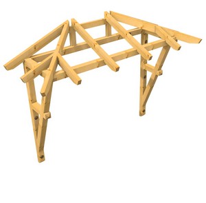 3D Ansicht Holzvordach Odenwald Typ3 22° Strebe mit Zierriegel